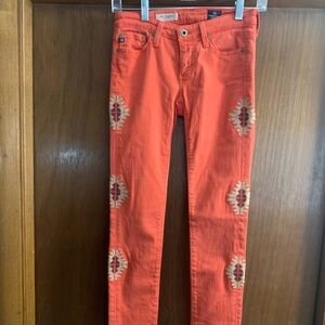 Adriano Goldschmied Leggings Super Skinny Aztec Embroidered Jeans orange Sz 24R